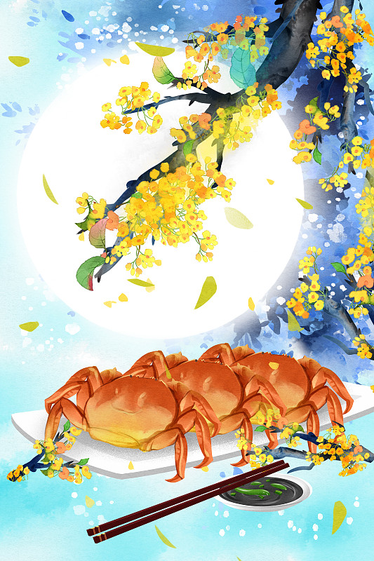 中国传统节日中秋节吃螃蟹插画图片