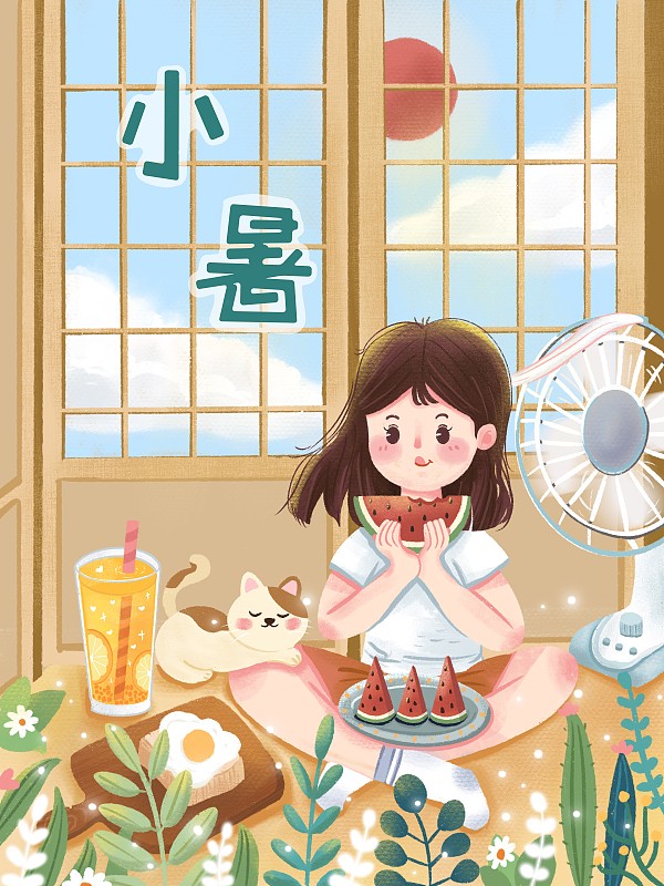 小暑清凉夏日吃西瓜的小女孩图片素材
