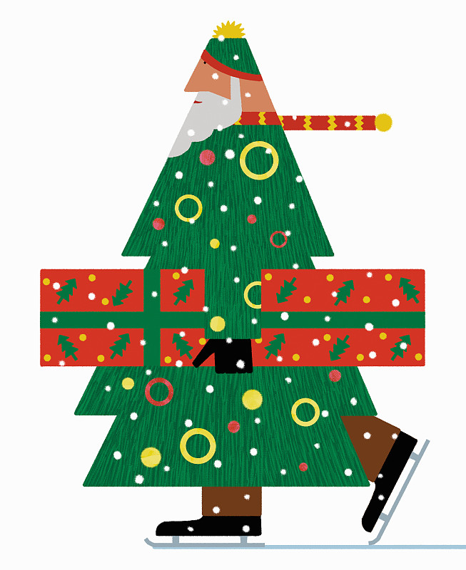 圣诞老人在圣诞树上滑冰，扛礼物图片素材