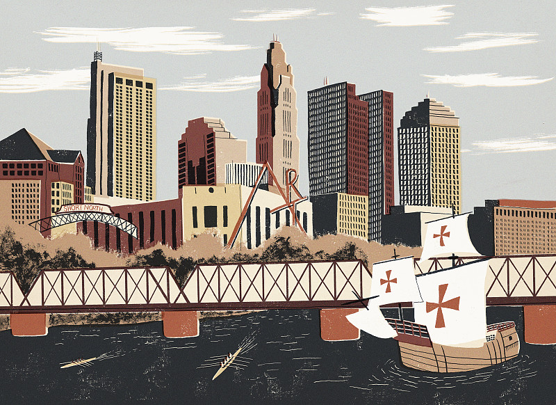 复制的帆船和哥伦布城市景观的插图图片素材