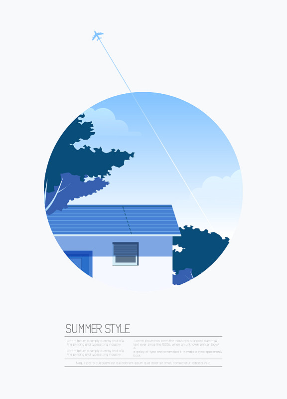 矢量插图的夏季蓝色房子与飞机图片下载