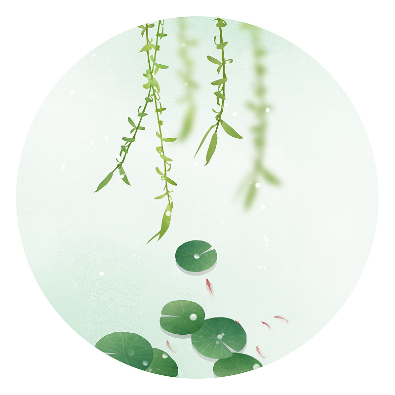 中式古风水彩绿色夏季池塘图片素材