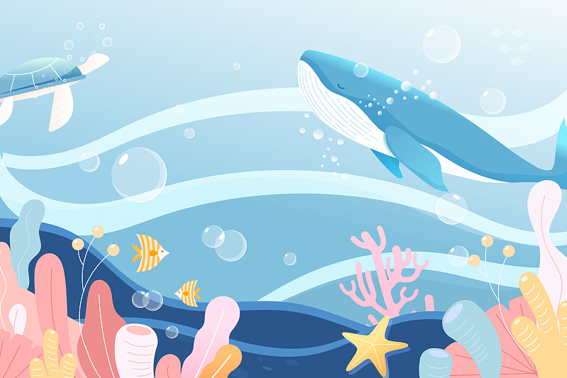 卡通海洋海底世界夏季环境日海洋日保护环境潜水游泳矢量插画下载