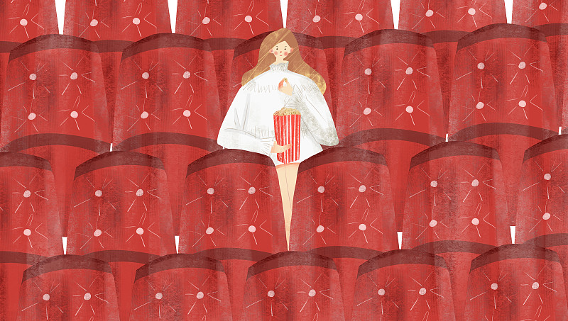 女性在电影院看电影插画下载