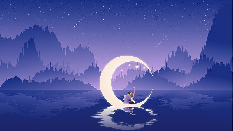 星空下的群山和湖面上坐在弯月上的情侣矢量插画下载