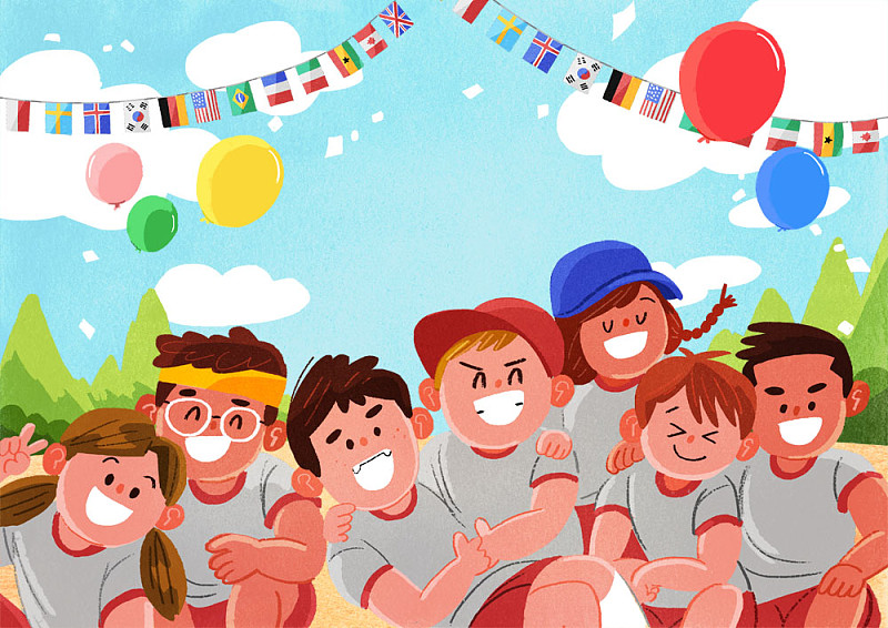 风景插图的七个孩子微笑与气球和世界的旗帜在运动日图片素材