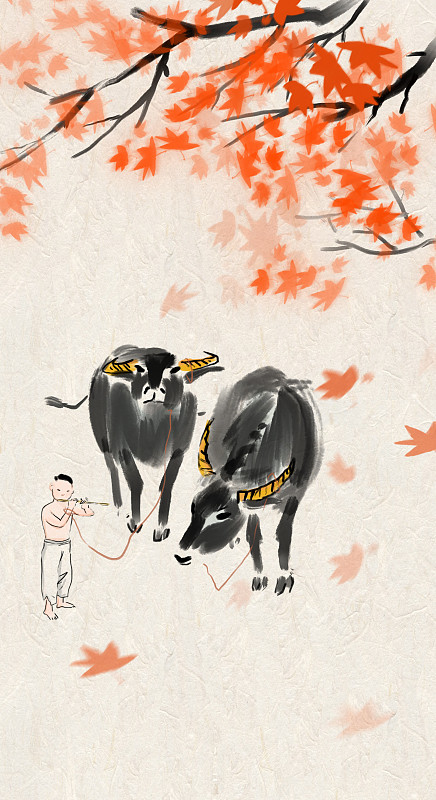 牛年水墨中国画立秋音乐红叶吹笛子的小孩图片下载