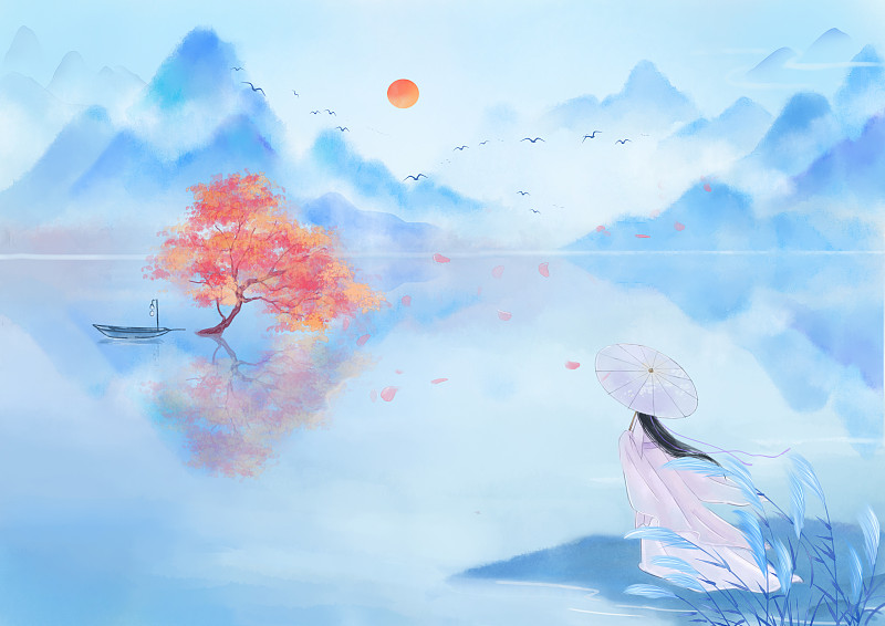 手绘中国风小清新水彩风格山水风景插画图片