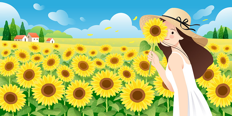 拿着花的女孩和向日葵背景横版图片下载