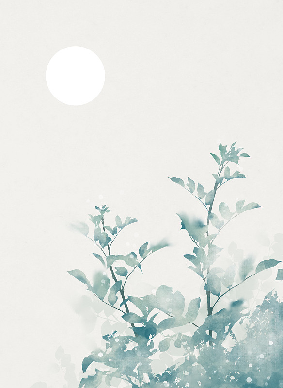中国风树枝月亮插画图片