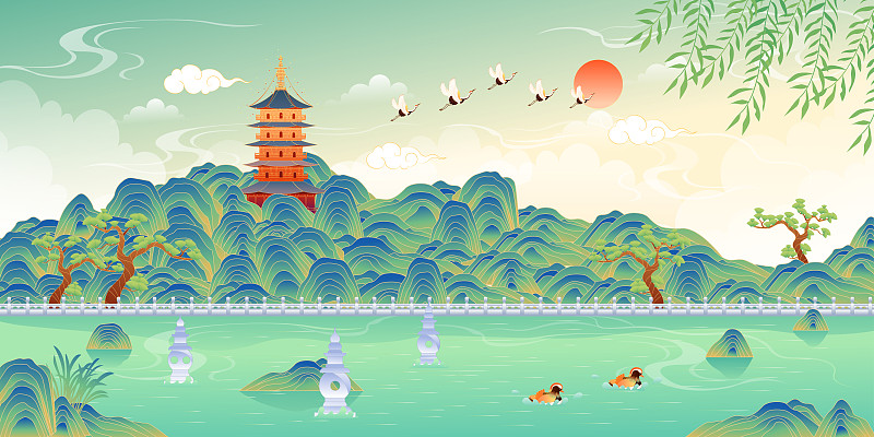 杭州西湖美丽的风景矢量插画下载