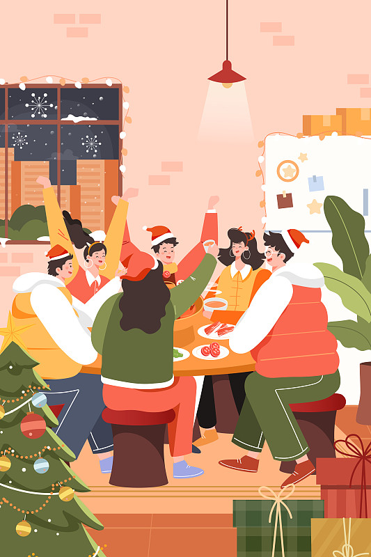 卡通圣诞节庆祝朋友吃火锅美食活动新年春节团圆传统节日矢量插画下载