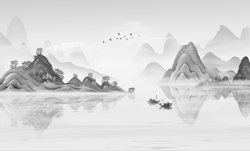 手绘中国风意境水墨抽象山水风景画图片下载