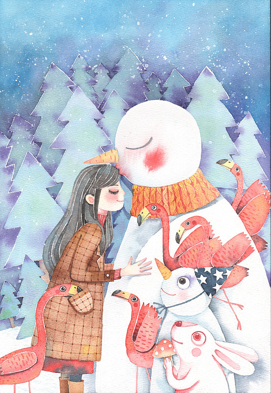 唯美手绘水彩插画系列-女孩和雪人亲吻图片
