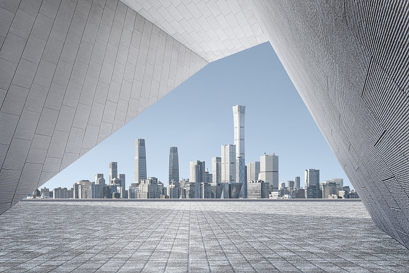 北京商务区和现代空旷地砖地面的平视背景图图片素材