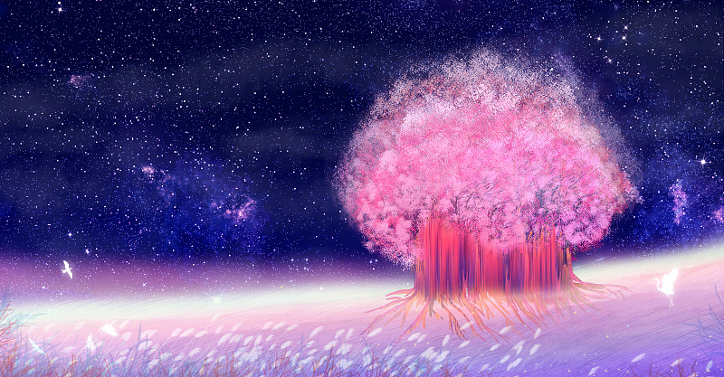 草原山坡上的一棵花树插画背景下载