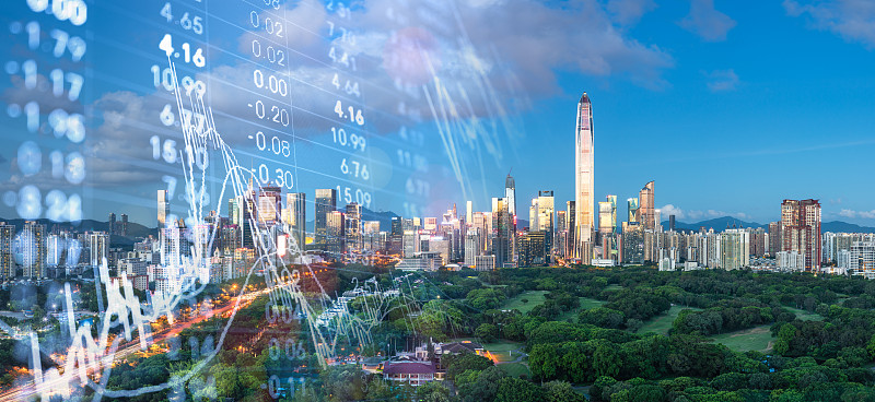 深圳福田CBD城市风光和股票金融交易概念图片素材