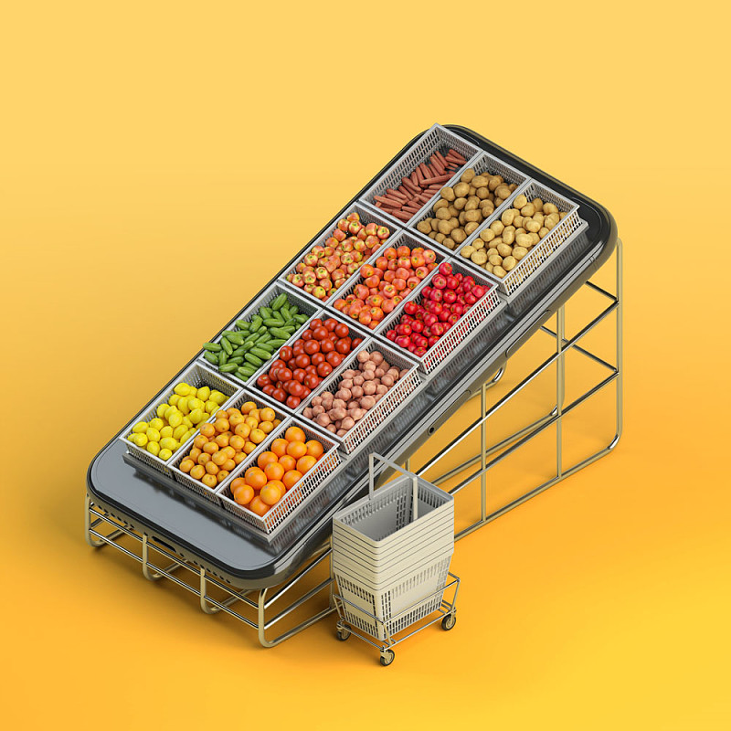 3D插图的手机作为展示架的新鲜水果与购物篮图片素材