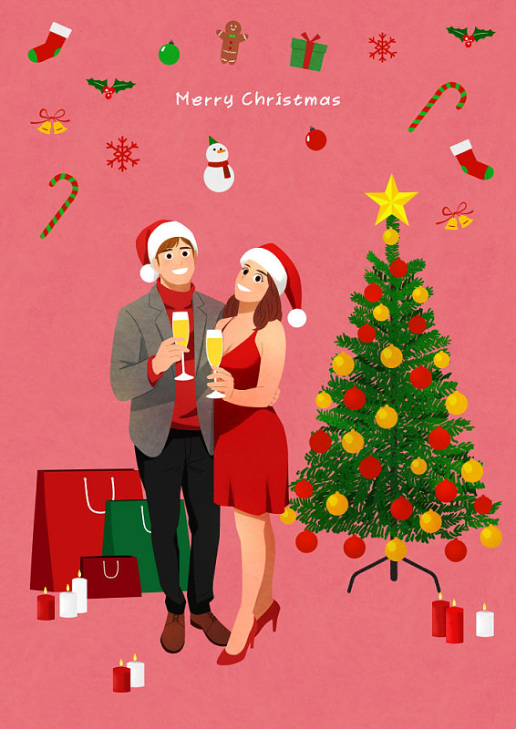 一对夫妇在圣诞节举行派对，喝香槟图片下载