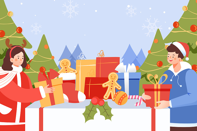 卡通冬季圣诞节礼物平安夜电商网购双十一购物促销送礼矢量插画图片
