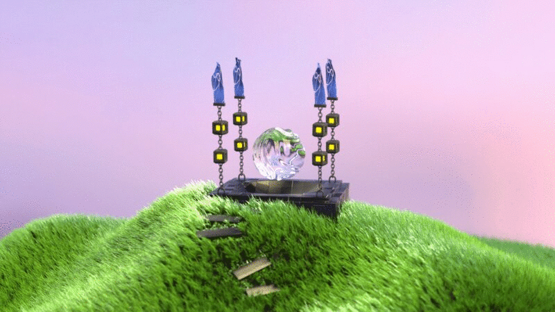 山丘草坪上有透明水滴的奇幻3d动态场景插画下载
