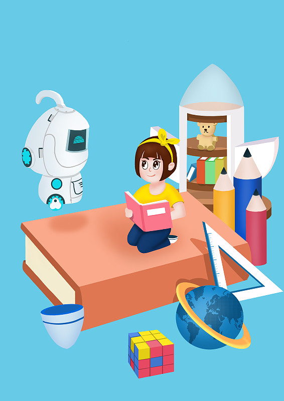 卡通智能机器人陪伴女孩学习插画下载