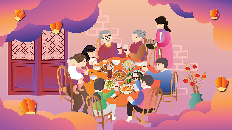 春节除夕新中式团圆年夜饭矢量横版无字图片素材