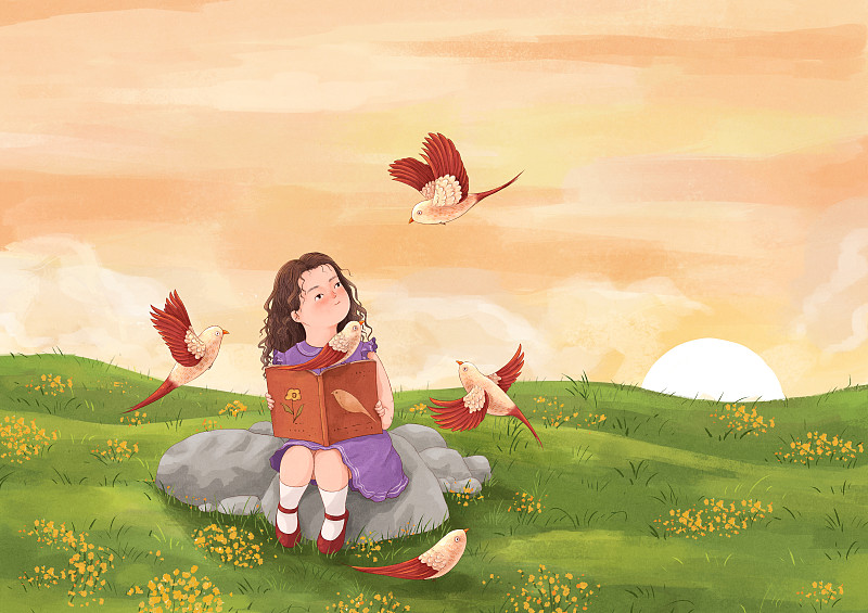 春天草地上读书的女孩插画二下载