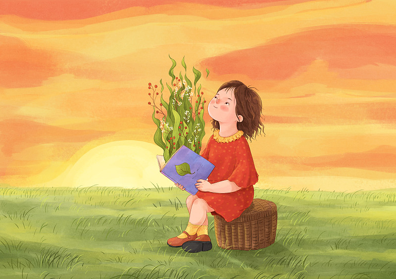 春天草地上读书的女孩插画图片