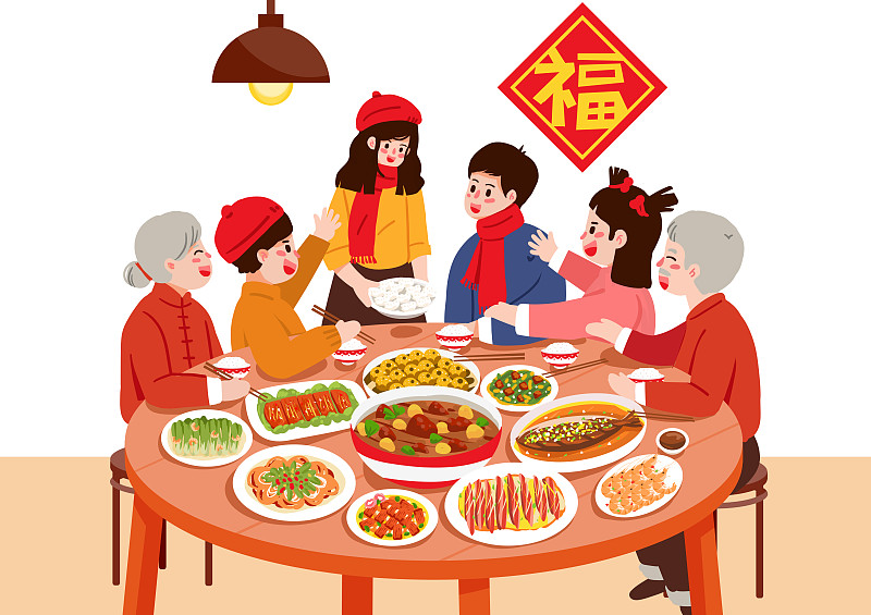 一家人吃团圆饭的图画图片