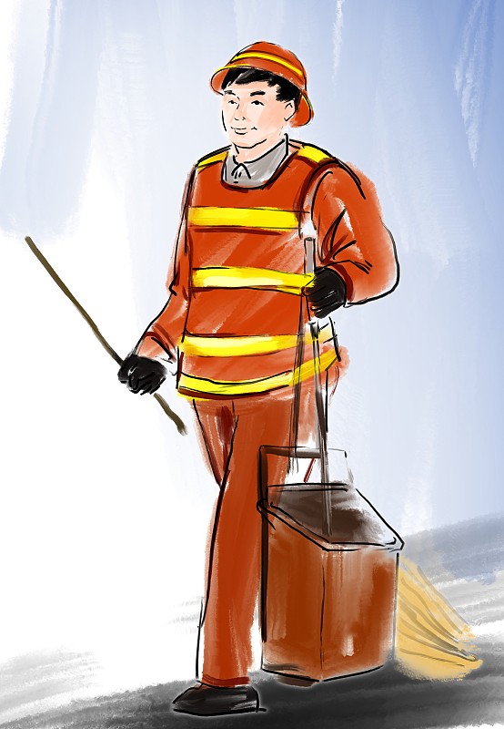 新年坚守岗位工作人员水墨人物画清洁工人图片下载