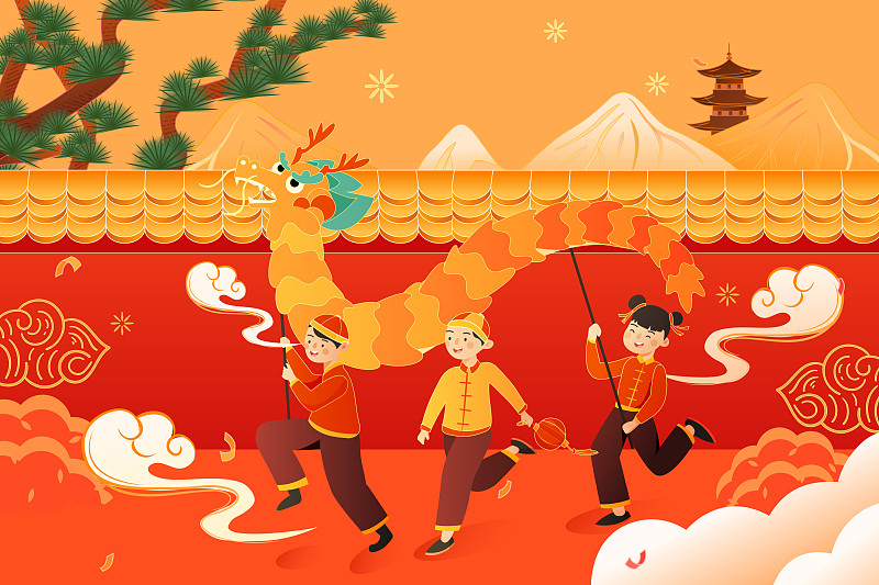 卡通家人亲子过年新年春节龙抬头全家福春运古建筑中国风矢量插画图片