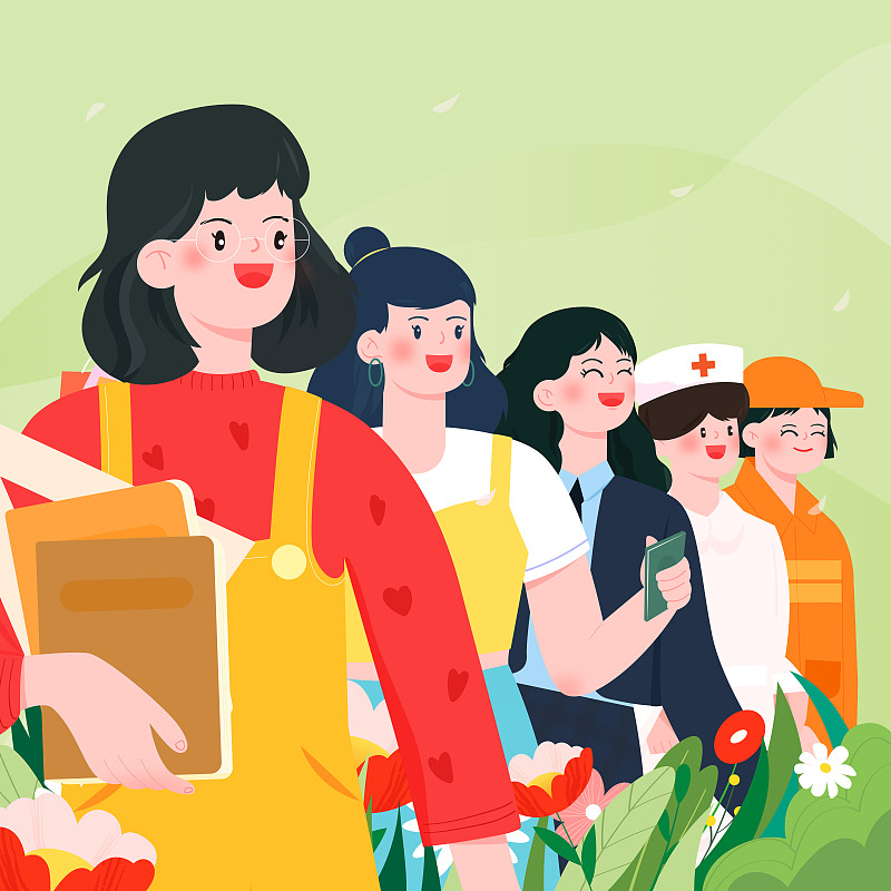 各种职业的女性开心的站在花丛中矢量插画海报下载
