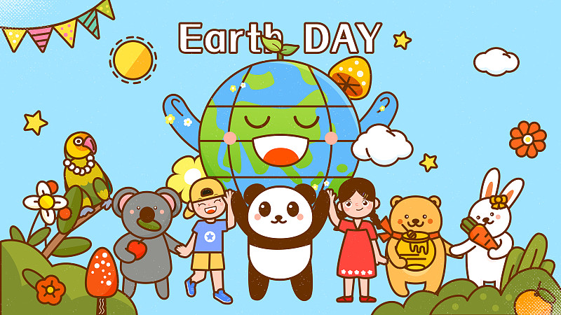 小动物和孩子站在地球前庆祝地球日矢量插画图片