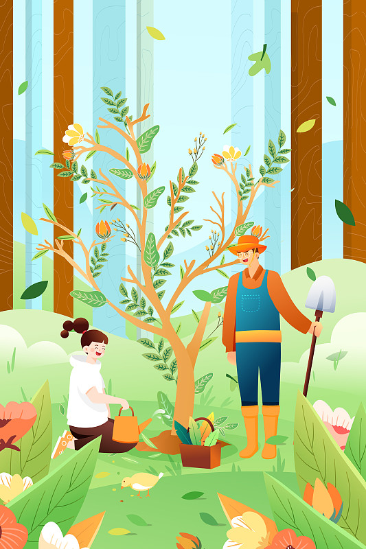 卡通春季春天植树节树林万物生长植物花卉叶子生活方式矢量插画下载
