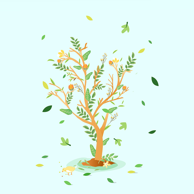 卡通春季春天植树节树林万物生长植物花卉叶子生活方式矢量插画图片