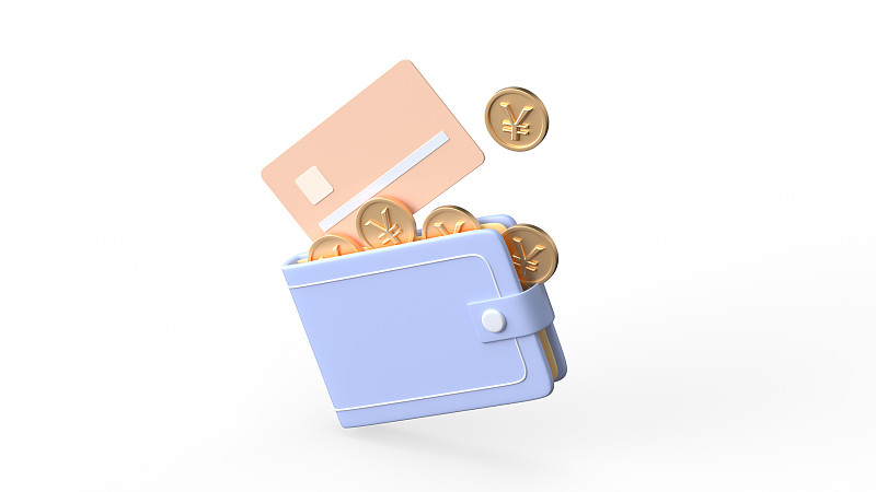 三维渲染的卡通钱包银行卡硬币和手机支付图片下载