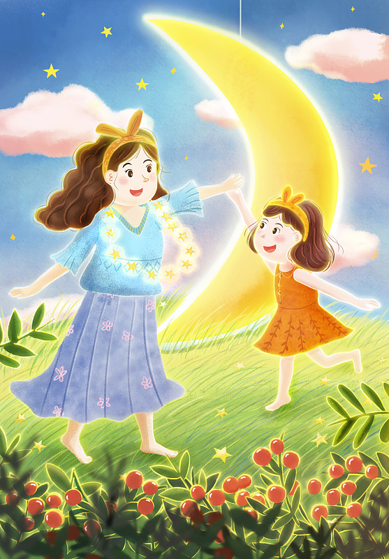 妈妈和女儿在夜晚户外草地月亮旁跳舞图片下载