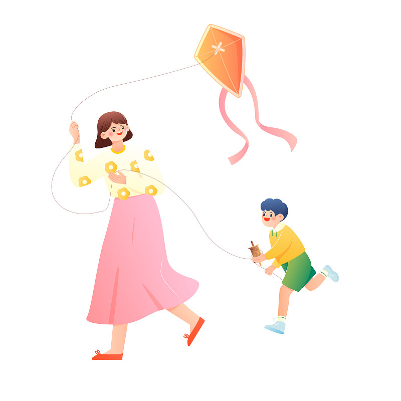 妈妈和孩子放风筝矢量人物插画元素图片