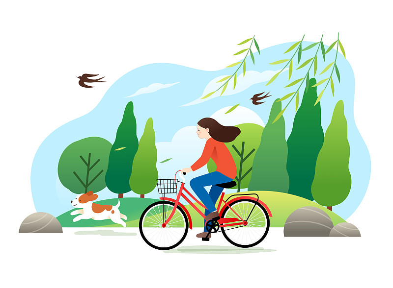 春天一个女生在户外骑自行车插画图片