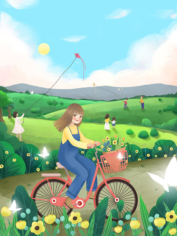 清明节五一春季郊外游玩骑自行车脚踏车小清新户外风景图片素材