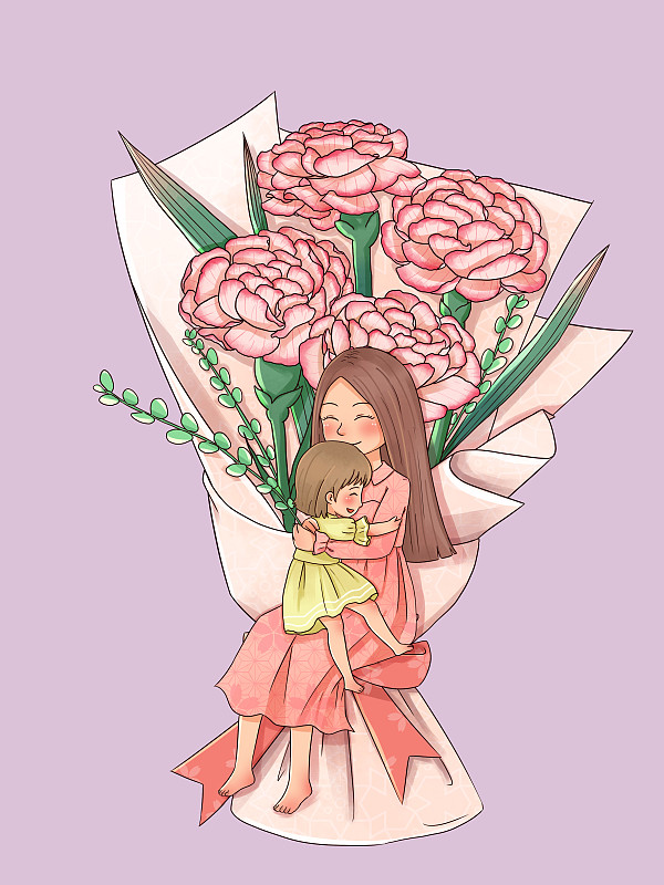 母亲节康乃馨花束母女拥抱图片下载