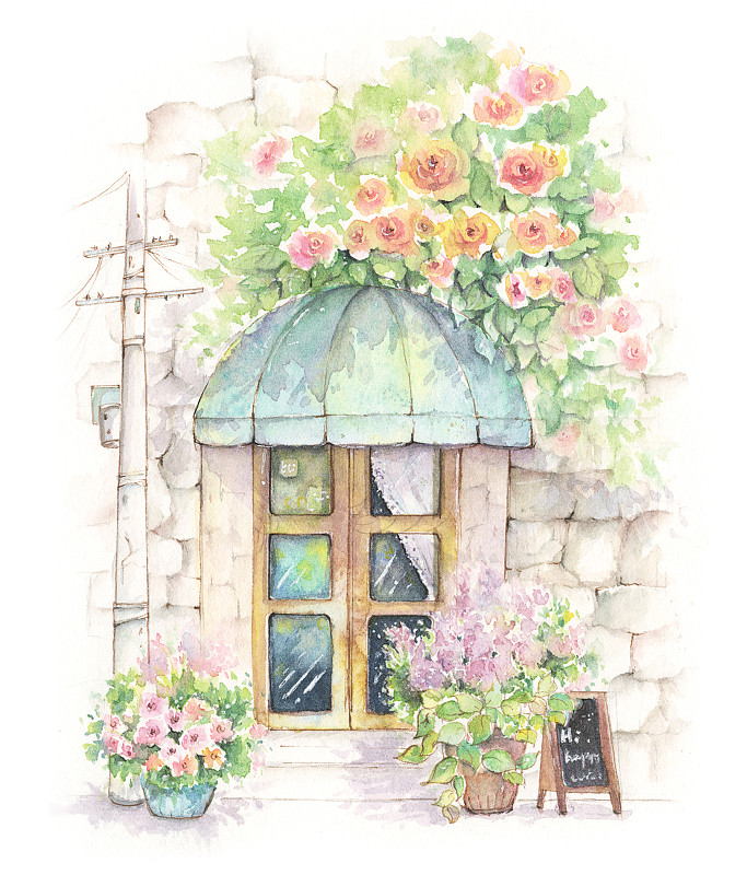 水彩插画风景建筑系列铺满鲜花蔷薇的商铺店铺下载
