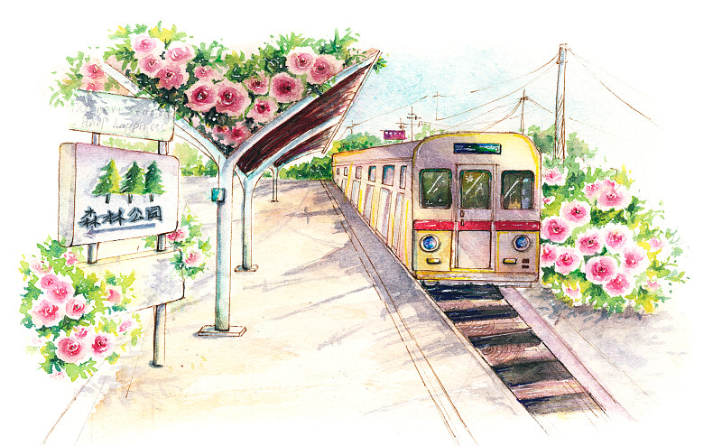 水彩插画风景建筑系列蔷薇花的火车站图片