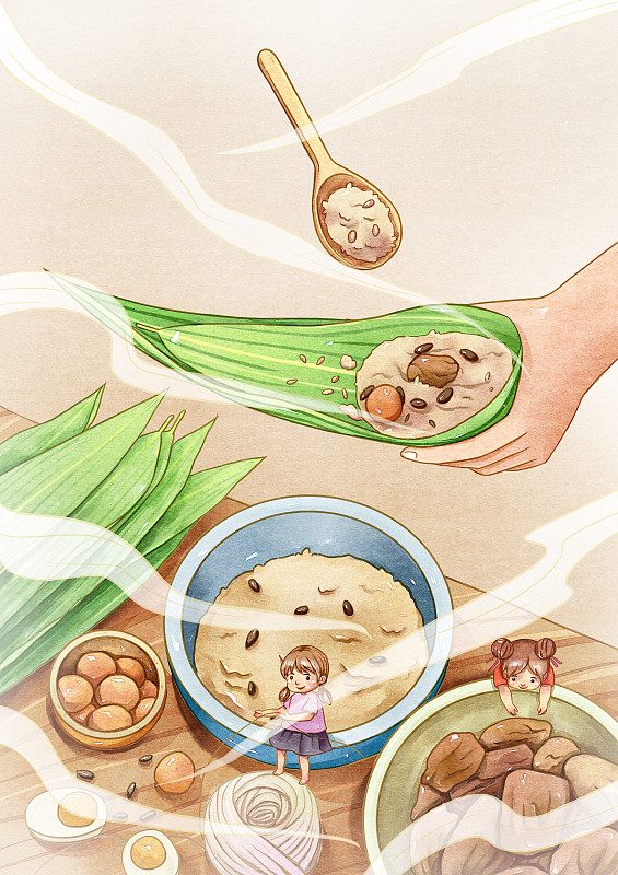 包粽子端午节肉粽粽叶咸鸭蛋蛋黄水彩插画古风中国风图片