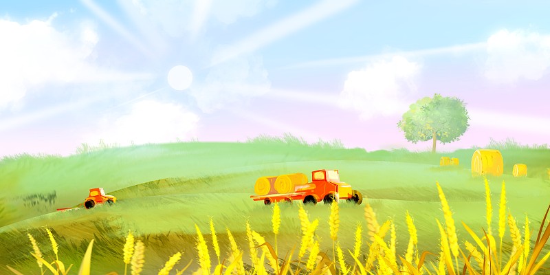 二十四节气插画夏天芒种农田上的拖拉机收割机图片