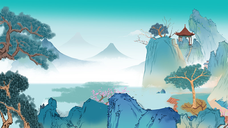 中国传统国风青绿山水意境山石松树吉祥插画图片