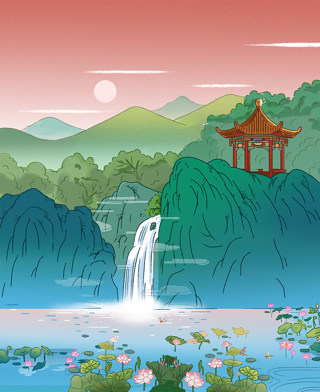 中国风传统风景旅游景点亭台楼阁湖景插画图片