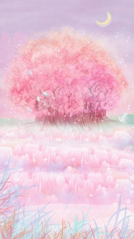 一棵茂盛的樱花树生长在山坡草坪上插画背景插画下载