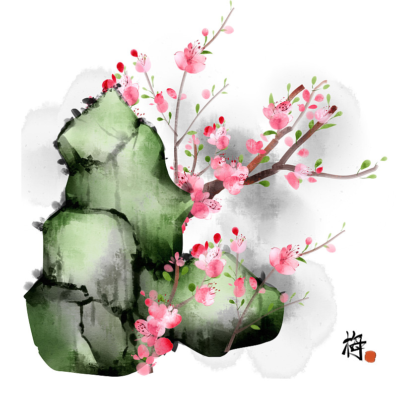 中国风水彩梅花岩石插画图片